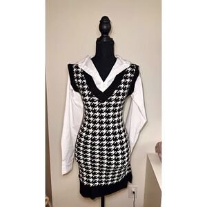 New Heart & Heels Women's Houndstooth Knit V-Neck Sweater Vest Black/White Small
